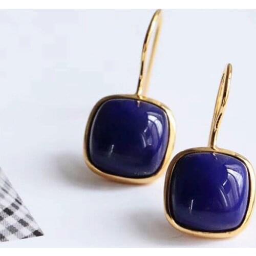 Original S925 Sterling Silver Temperamental Earrings Natural Lapis Lazuli Square Elegant Retro Fashion Female Geometric Luxuriou
