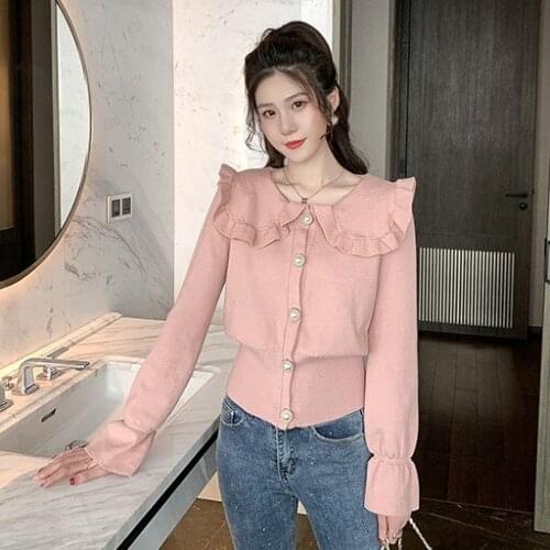 Pink Cardigan Women Spring 2020 Korean Style Ruffle Collar Single Breasted Flare Sleeve Knit Wool Sweater Tops Knitwear T429