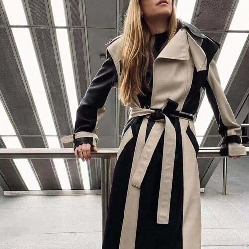 Autumn New Designer Womens High Quality Sheepskin Genuine leather patchwork Belt Trench coat Chic elegant leather overcoat C070