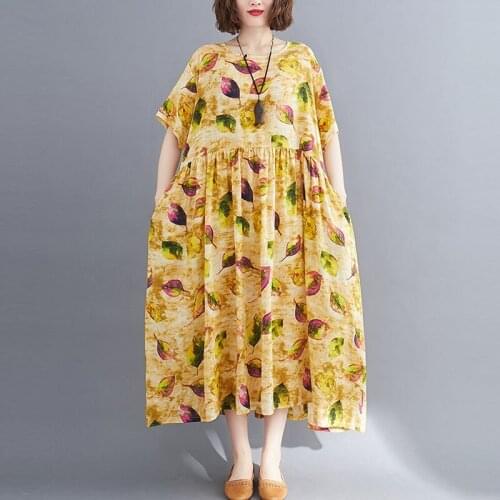 Oversized Women Vintage Print Long Dress New 2021 Summer Simple Style Loose Comfortable Female Cotton Linen Casual Dresses S3246