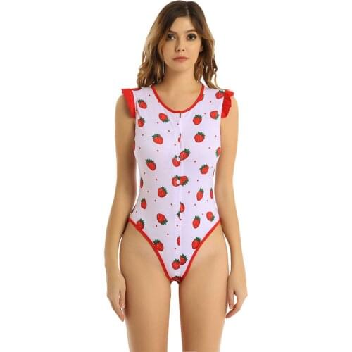 Womens Ladies Erotic Lingerie Bodysuit Romper Strawberry Pattern Round Neck Sexy Bodysuit Button Closure Sleepwear Nightwear