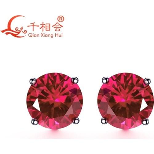 925 silver corundum pink color round shape 8mm single lab created ruby stone ear stud Earing