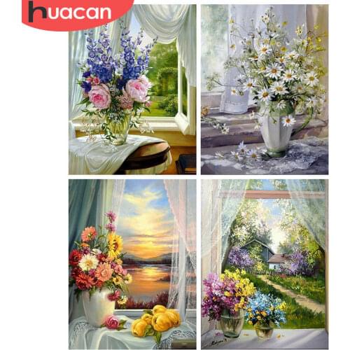 HUACAN 5d Diamond Painting Flower Mosaic Window DIY Diamond Embroidery Cross Stitch Sunset Home Decor Needlework