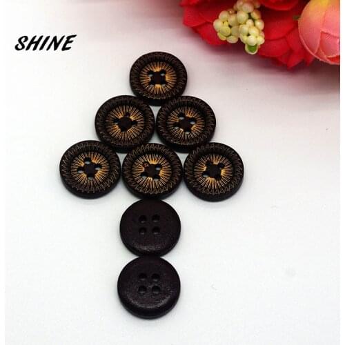 SHINE Wooden Sewing Buttons Scrapbooking Round Black Four Holes Laser Technology 15mm Dia. 50PCs Costura Botones Decorate
