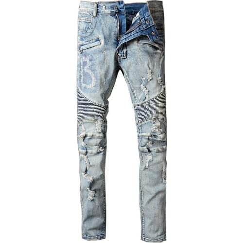 American Street Style Fashion Men Jeans Retro Blue Elastic Slim Fit Ripped Biker Jeans Men Embroidery Designer Denim Punk Pants