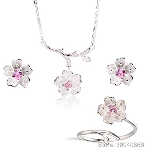 2020 Wedding Bridal Jewelry Sets 925 Sterling Silver Pink Crystal Cherry Blossoms Flower Necklace Earring Ring Bioux for Women