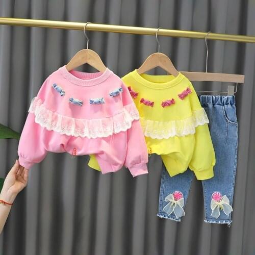 JY 2Piece/Set Girl Candy Lace Sweater+Denim Pant Two-Piece Casual Princess Set 6-14 XZ01