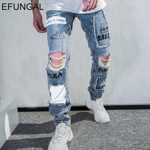 EFUNGAL Men Jeans Ripped Skinny Streetwear 3M Reflective Patch Design Creative Graffiti Print Hip Hop Pants Denim Blue Trousers