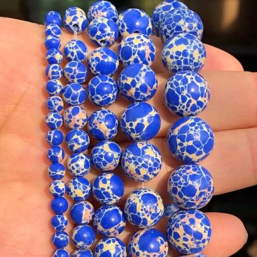 Natural Stone Dark Blue Sea Sediment Jaspers Imperial Turquoises Round Loose Spacer Beads For Jewelry Making 4 6 8 10 12mm 15"