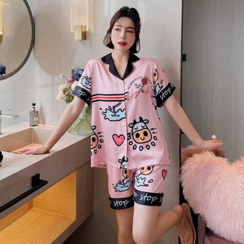 2021 New Women Pajamas Set For Ladies Satin Short Sleeve Sleepwear 2Pcs Cute Cartoon Printing Summer Lounge Nightwear Homewear