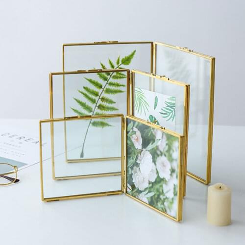Nordic Ins Wind Brass Glass Photo Frame Vertical Folding Dried Flower Specimen Photo Frame Home Decoration Gift