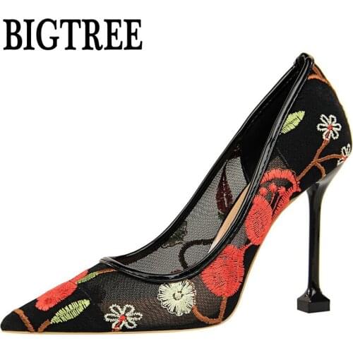 BIGTREE Elegant High Heel Shallow Mouth Pointy Flower Embroidery Mesh Hollow Out Bud Silk Sexy Nightclub Single Shoes 17175 -1