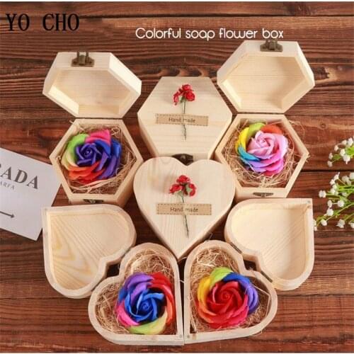 YO CHO Eternal Soap Rose Flower Gift Box Artificial Soap Rose Flower Head Wood Gift Box Wedding Souvenir Valentines Day Gifts