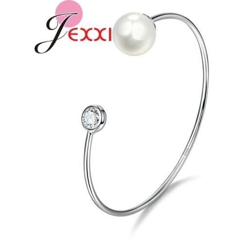 New Trendy Style Fashion 925 Sterling Silver Bangle Asymmetry Beads Open Cuff Bangles Round Pearl Jewelry for Women