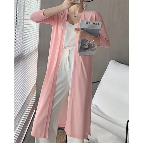 Women Long Silk Knitted Cardigan 2021 Summer Casual Split Thin Cardigans Female V Neck Sweater Coat Sun Protection Shirt Jacket