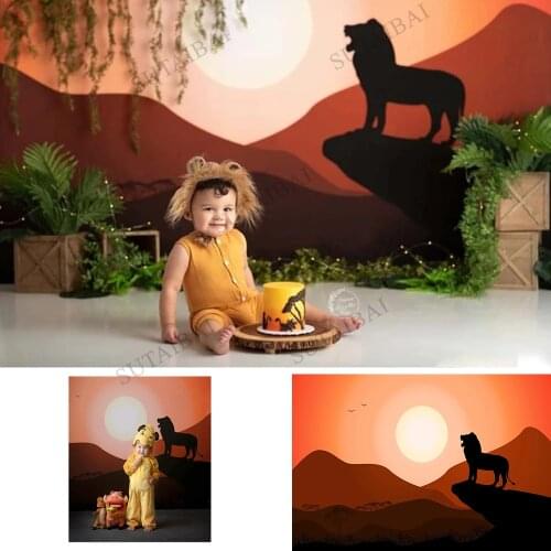 African Savane Mountain Sunset Forest King Lion Backdrop for Photography Baby Shower Birthday Party PhotoStudio Background Vinyl