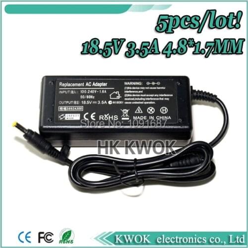 Free Shipping! 5pcs/lot AC Laptop Charger 18.5V 3.5A Power Supply For HP X1000 500 520 540 v3000 CQ510 515 516 ze2000 dv4000