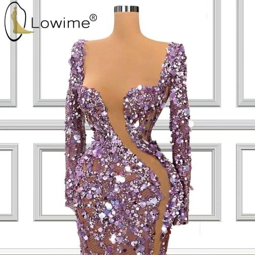 Purple Sequins Mermaid Evening Dresses Sexy See Through Evening Gowns Long Formal Dress Abiye Vestidos De Soiree