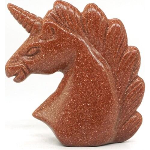 Unicorn Head Skull FigurineRed Goldstone Sand Healing Energy Animal Carved Crystal Statue Gemstone Home decor 2"