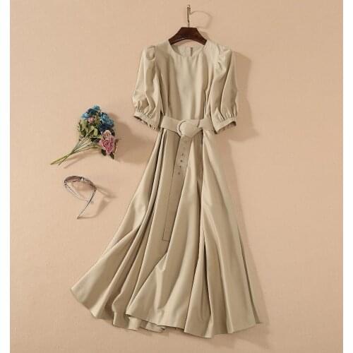 And American womens European clothing 2021 summer new style 5 minutes of sleeve Pure color Fashion belt pleated dress