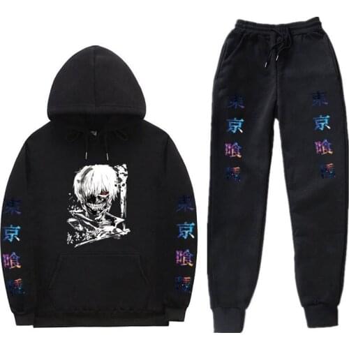 Tokyo Ghoul Japanese mens Anime Suit sportswear hoodie Harajuku Autumn Winter Print Casual Hoodie + Pants Two-Piece Sports Suit