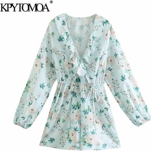 KPYTOMOA Women 2021 Fashion With Ties Floral Print Ruffled Playsuits Vintage V Neck Long Sleeve Female Jumpsuits Mujer