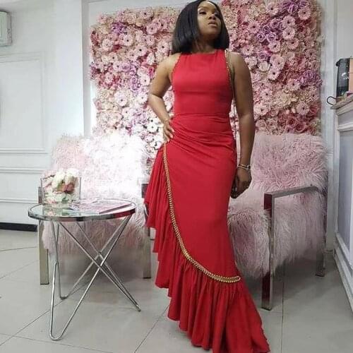 Red Asymmetrical Gold Bead Prom Dresses O Neck Sleeveless Ruched Hem Cocktail Party Gowns Simple Satin Evening Wears