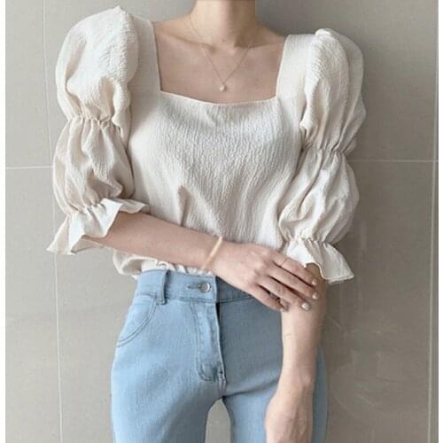 Summer Women French Blouses Slimming Square Collar Exposed Clavicle Puff Sleeve Chiffon Shirt 2020