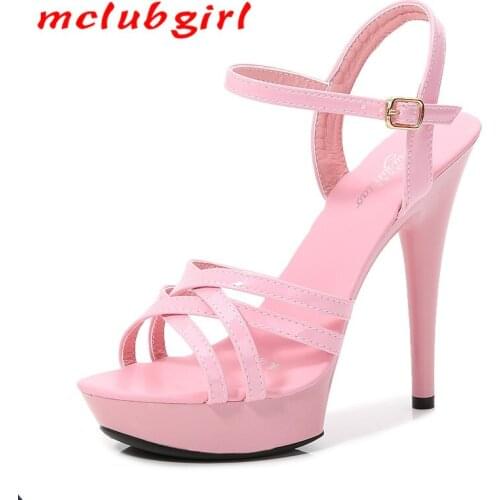 Mclubgirl Womens One Word Sandals New Summer Solid Color Fashion 13cm All-around Net Red Sexy High Heels Thin Heels LFD