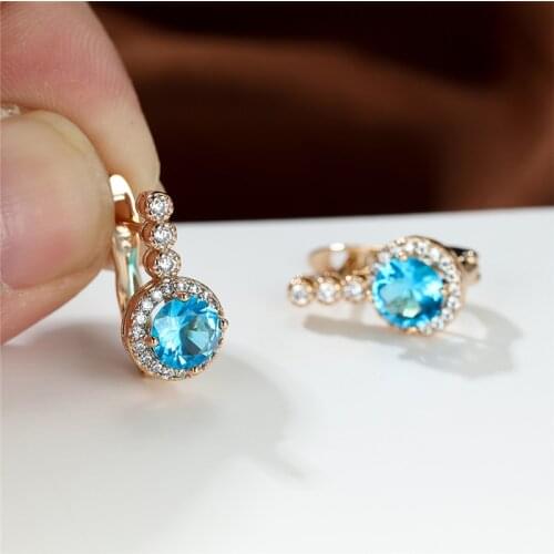 Cute Aqua Blue Zircon Hoop Earrings Purple Crystal Round Stone Earrings Rose Gold Color Small Earrings For Women Wedding Jewelry