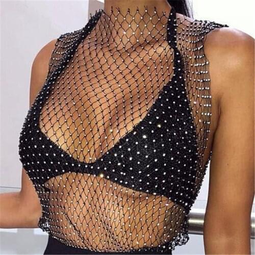 Fashion Women Ladies Solid Casual Sleeveless Mesh Rhinestone Party Cocktail T-shirts Summer Short Tops