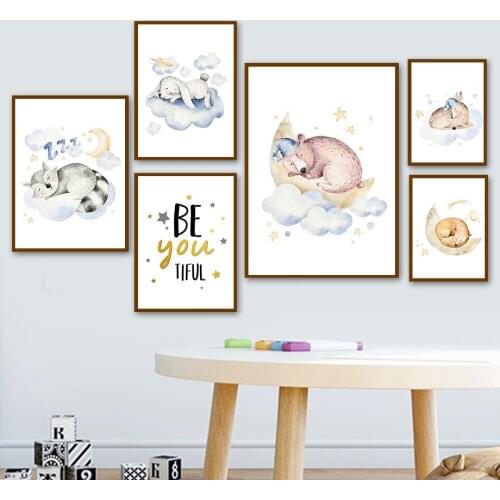 Cartoon Raccoon Rabbit Deer Bear Fox Moon Cloud Wall Art Canvas Painting Nordic Posters And Prints Wall Pictures Baby Room Decor