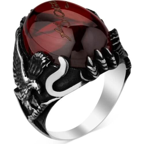925 Sterling Silver Red Zircon Stone Kemal Ataturk Signature Mens Ring with Eagle Bird Ring for Men Silver Male Ring
