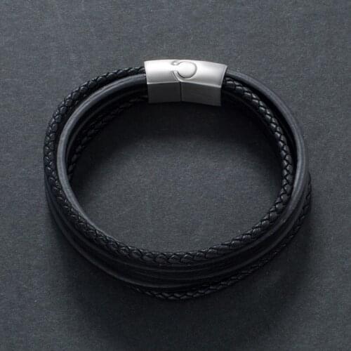 Newest Black Braid Leather Bracelet Men Multilayer Rope Chain Stainless Steel Magnetic Clasp Male Bangles Fashion Jewelry Gifts