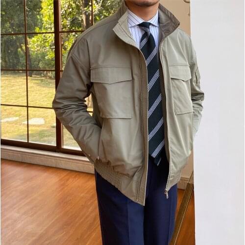 2021 Brand New Mens Clothes Green Short Stand Collar Jacket Casual Zipper Male Korean Trend Tooling Coat Spring And Autumn