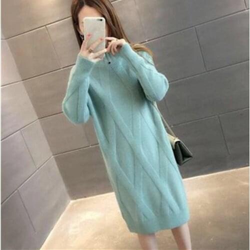 2020 Autumn Winter Womens Long Sleeve Sweater Pullovers Female Knitted Long Dress Ladies Solid Thicken Warm Clothes Female
