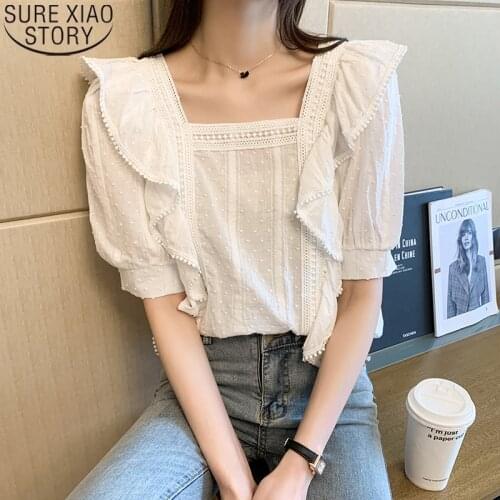 Casual Short Sleeve Lace Shirts 2021 French Style Chic Lace Blouse Women Shirt Square Collar Summer Ruffles Blouse Blusas 13760