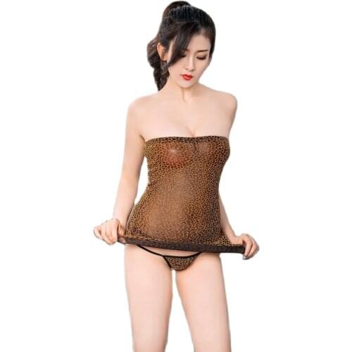 2PCS/Set Leopard See Through Vestido Transparent Dress Hot Sexy Package Hip Minifalda Clubwear Sheer Mini Falda Fantasy Lingerie