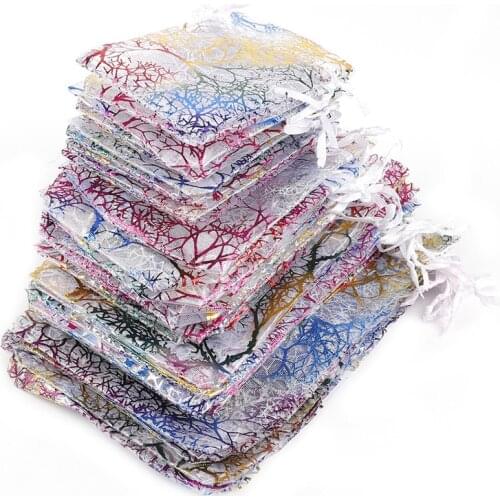 10pcs/lots Bronzing Coral Gold Yarn Drawstring Beam Yarn Bag Organza bag Jewelry Packaging Bags Pick Size 7x9/9x12/10x15/13x18cm