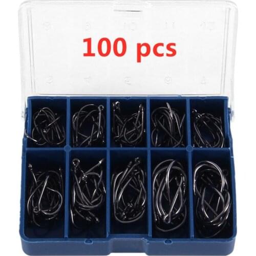 100Pcs Fishhooks Carbon Steel Fishing Hook with Box Fishing Hooks with Hole Carp Fishing Tackle 10 Compartments Box Barb Hooks