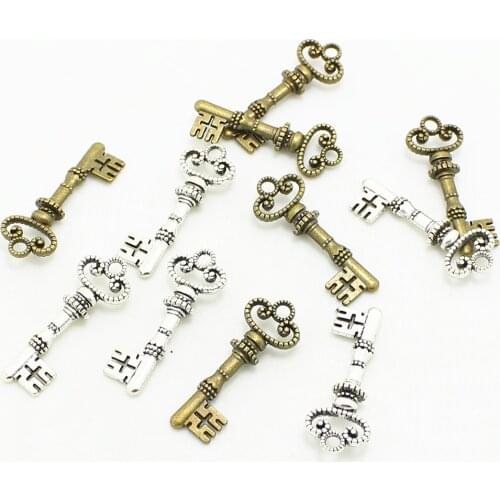 Sweet Bell 40pcs 12*31mm Key shaped Charm two Color Vintage Metal Zinc Alloy Fine Trendy Keys Pendant Charms for Jewerly 0963