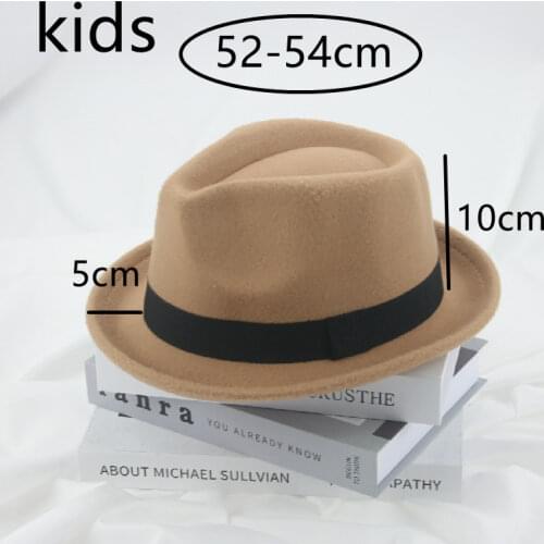 Fedora hats kids child wide brim felted solid panama 52cm 54cm ribbon band belt formal casual boys girls jazz caps winter hats