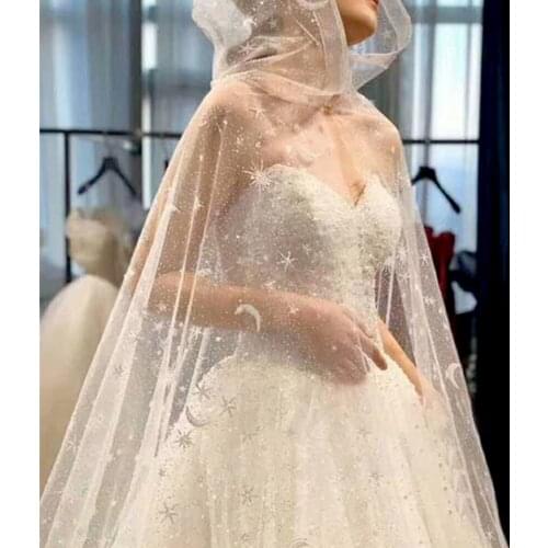 Hooded Wedding Cape Veil Tulle Bridal Cloak Veil Long Star and Moon Women Church Coat Brides Shawls Wrap custom cape dress