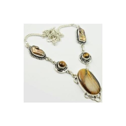 Tiger Eye & Biwa Pearls Necklace Silver Overlay over Copper, 48.5 cm, N2449