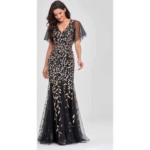 Leaf Sequins Evening Dresses Contrast Color Flare Sleeves Mermaid V Back Formal Lady Elegant Prom Dress Gown YSAN962