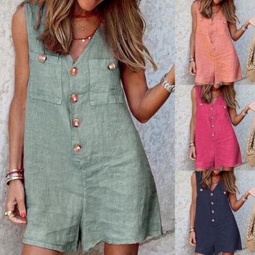 Women Summer Clothes Vest Jumpsuit Solid Color V Neck Women Sleeveless Buttons Pockets Romper for Party Short Home Jumpsuit 2021