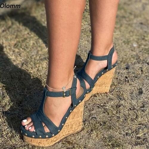 Olomm New Fashion Women Platform Sandals Denim Studs Wedges Heels Open Toe Black Blue Casual Shoes Women US Plus Size 5-20