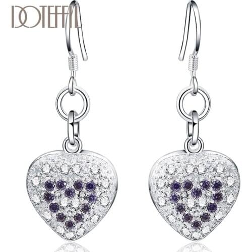 DOTEFFIL 925 Sterling Silver Heart Purple Zircon Earring For Women Wedding Engagement Party Fashion Charm Jewelry