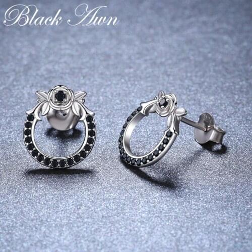 Black Awn New 925 Sterling Silver Natural Black Spinel Round Butterfly Wedding Stud Earrings for Women Fine Jewelry Bijoux II110