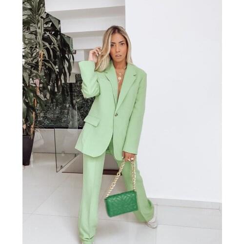 Green High Street 2 PC Womens Suit Office Set Casual Blazer Jacket and Wide Leg Pants Free Style For Daily Life Dressing